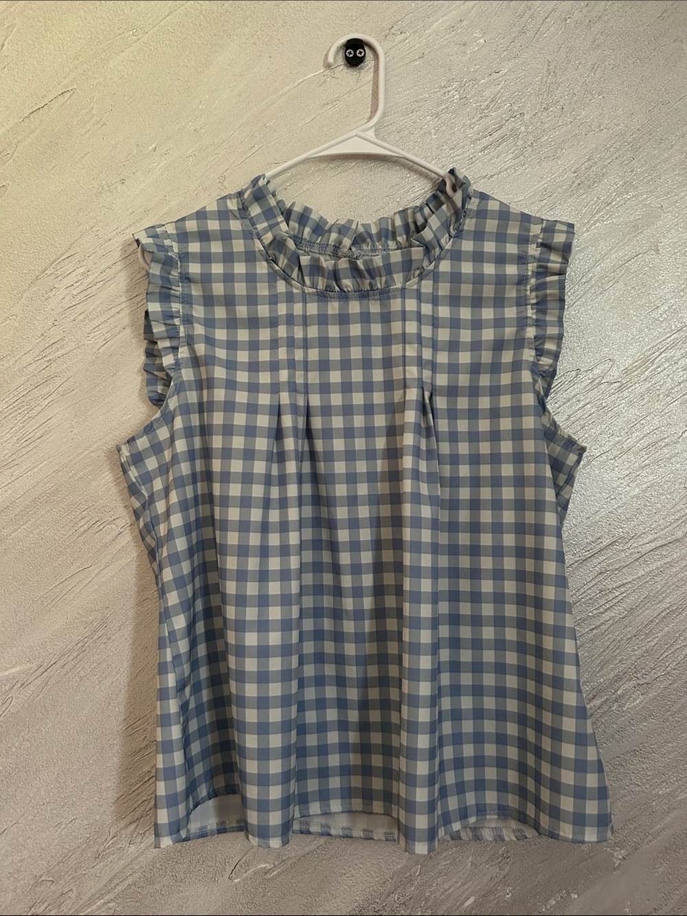 SHEIN Blue and White Gingham Ruffle Neck Sleeveless Top